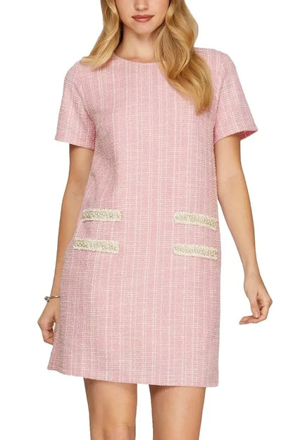 Full Size Short Sleeve Pearl Studded Trim Knit Tweed Dress Plus Size - Blush Pink - product view 1