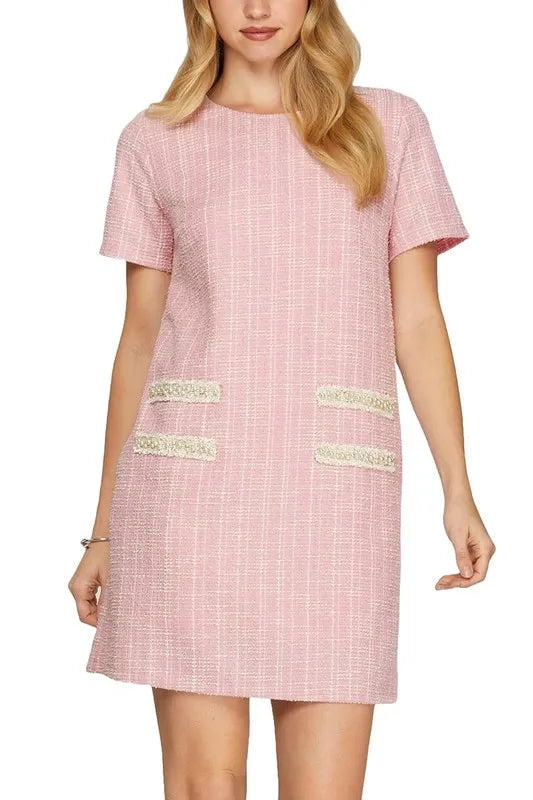Full Size Short Sleeve Pearl Studded Trim Knit Tweed Dress Plus Size - Blush Pink - product view 1