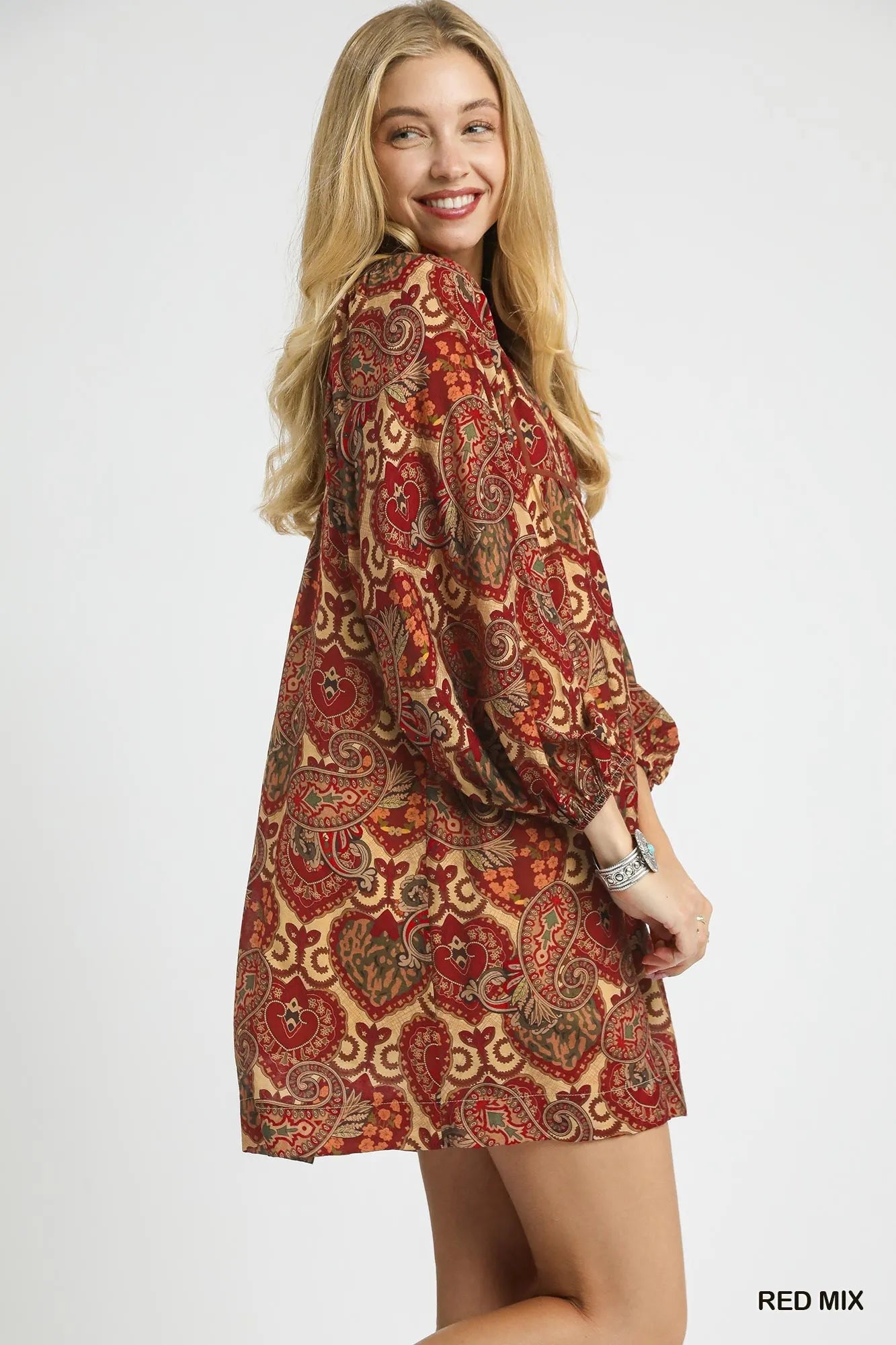 Boho Mix Paisley Babydoll Dress - Red Mix - product view 2