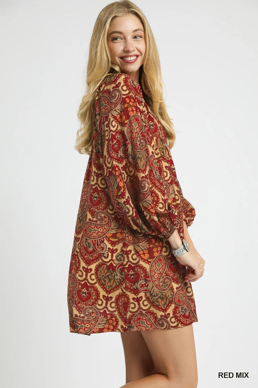 Boho Mix Paisley Babydoll Dress - Red Mix - product view 2