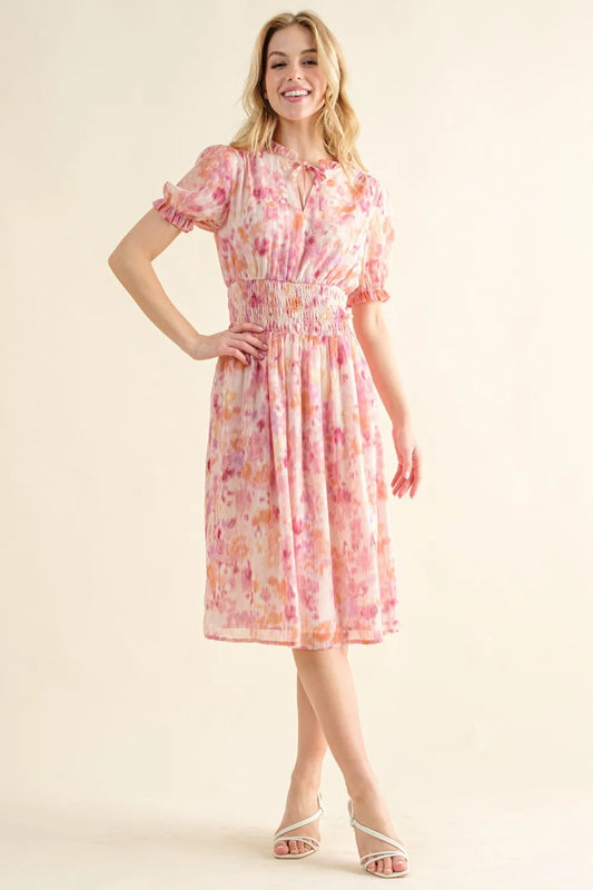 Full Size Smocked Waist Printed Midi Dress in Pink Multi - product view 1
