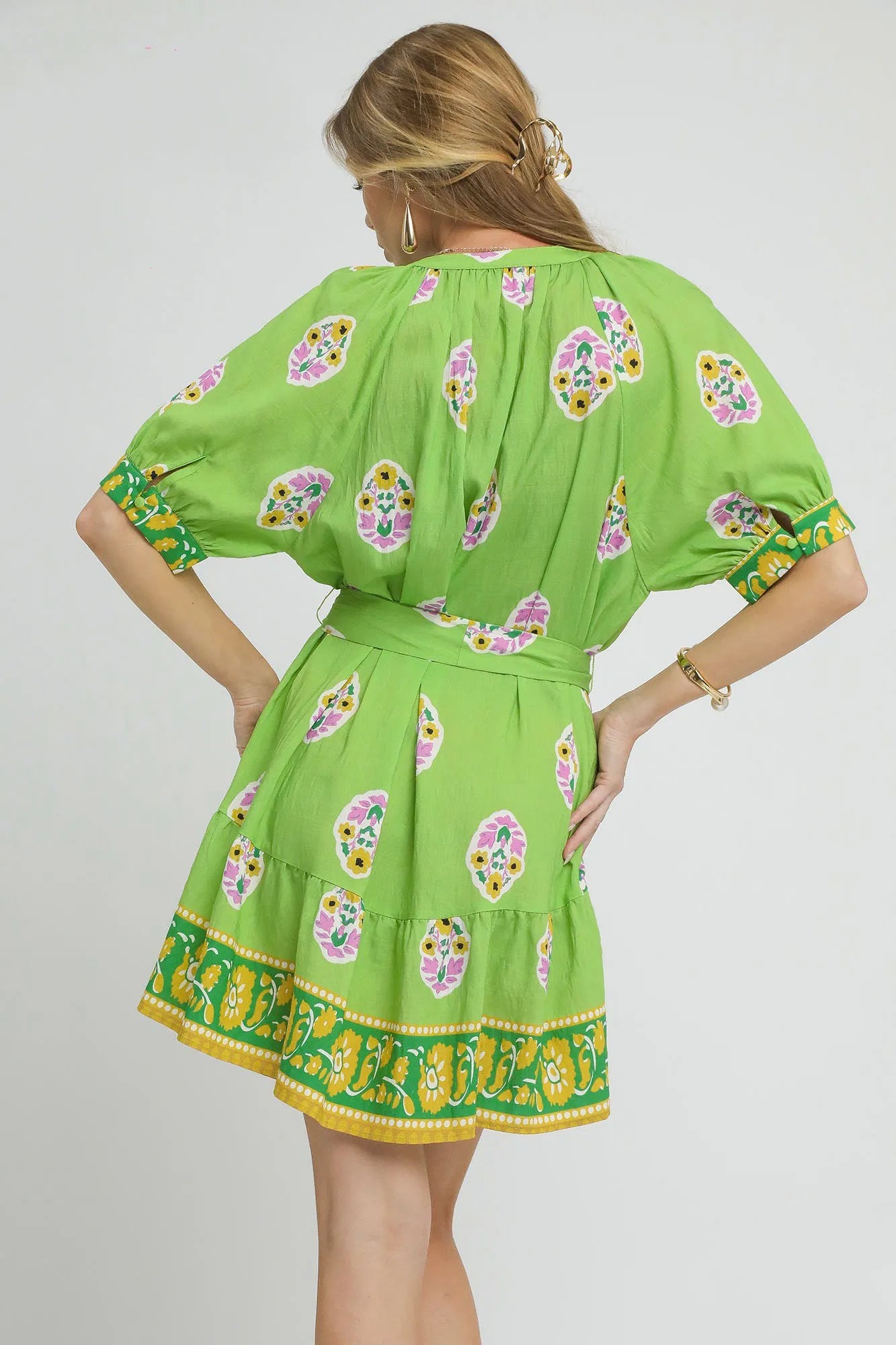 Floral Print Tie Waist Short Sleeve Dress - Neon Green - product view 3