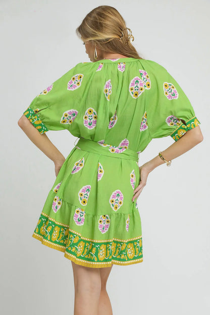 Floral Print Tie Waist Short Sleeve Dress - Neon Green - product view 3