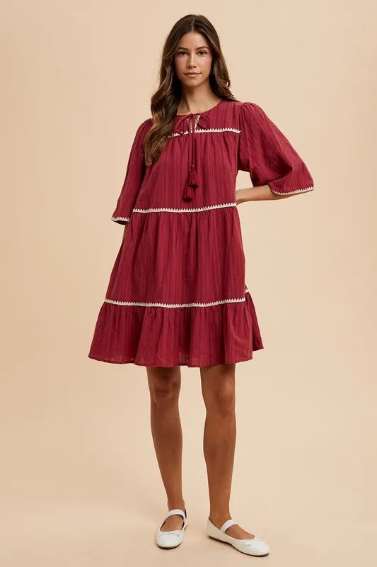 Tassel Contrast Trim Tie Neck Half Sleeve Tiered Dress - Burgundy - product view 5