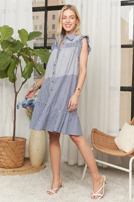 Button Down Textured Babydoll Dress in Blue - product view 13