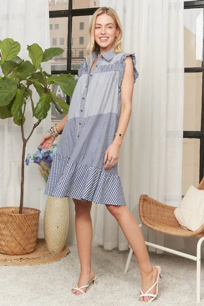 Button Down Textured Babydoll Dress in Blue - product view 13