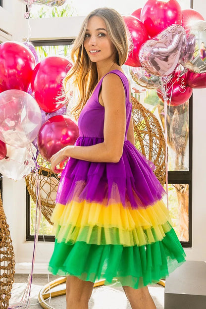 Mardi Gras Color Block Layered Mesh Tiered Dress in Purple/Mustard/Green - product view 6