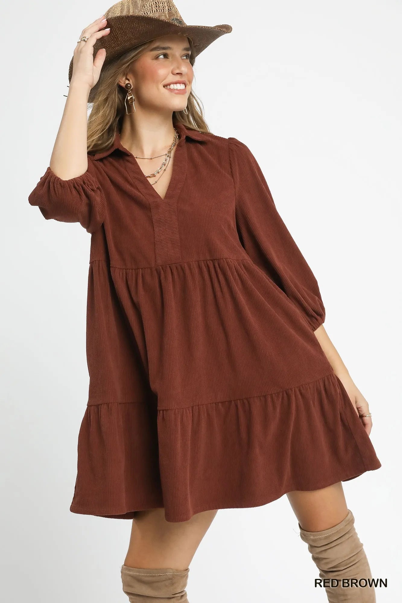 Tiered Corduroy Mini Dress with Balloon Sleeves - Red Brown - product view 1