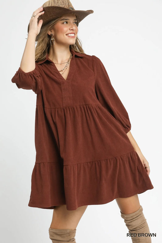 Tiered Corduroy Mini Dress with Balloon Sleeves - Red Brown - product view 1