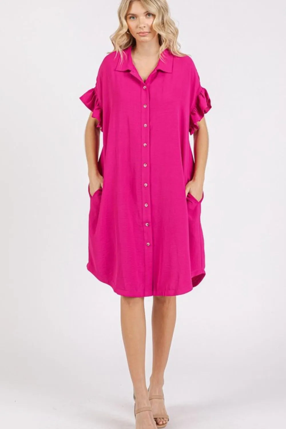 Button Down Flounce Sleeve Dress with Pockets - Fuchsia Pink - product view 1