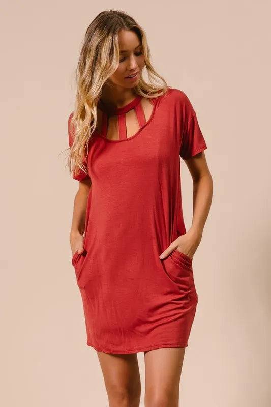 Front Cutout Mini Tee Dress with Pockets in Ginger - product view 5