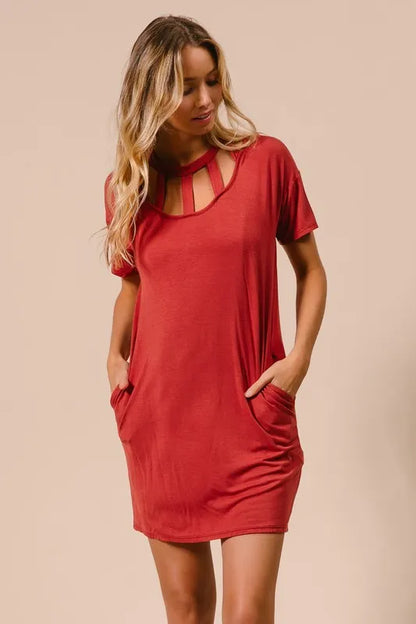 Front Cutout Mini Tee Dress with Pockets in Ginger - product view 5
