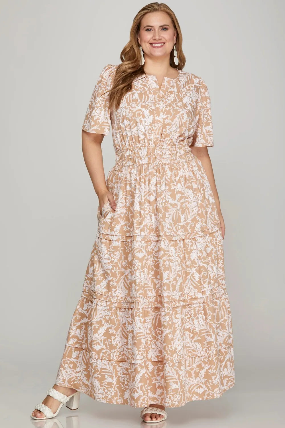Printed Notched Woven Tiered Pintuck Maxi Dress with Side Pockets in Apricot - product view 3