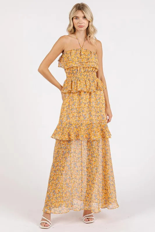 Ruffled Smocked Floral Halter Neck Maxi Dress - Tangerine - product view 1