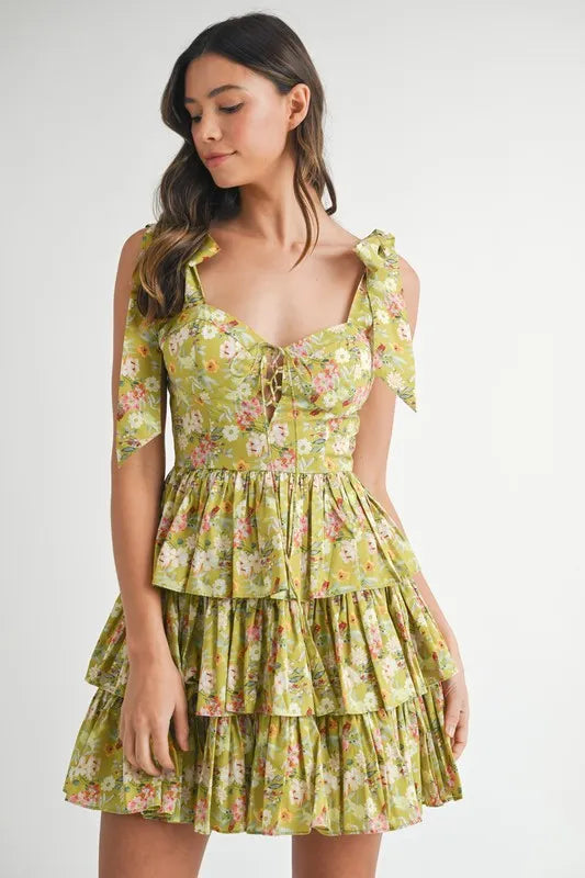 Floral Print Shoulder Tie Layered Mini Dress - Kiwi - product view 3