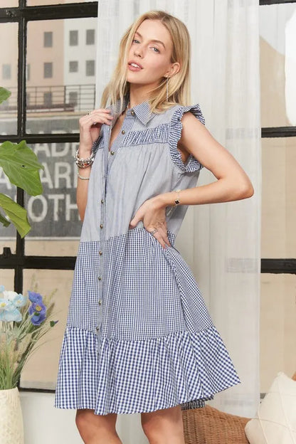 Button Down Textured Babydoll Dress in Blue - product view 5