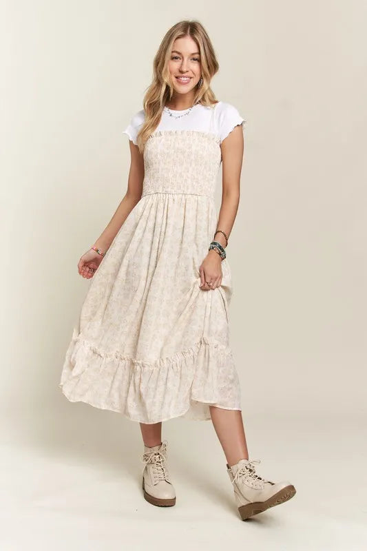 Smocked Floral Ruffled Hem Cami Dress - Apricot - product view 1