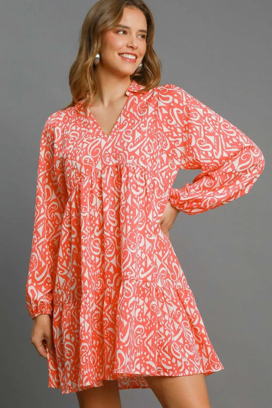 Full Size Two Tone Print Balloon Sleeve Tiered Dress Plus Size in Coral Mix - product view 1