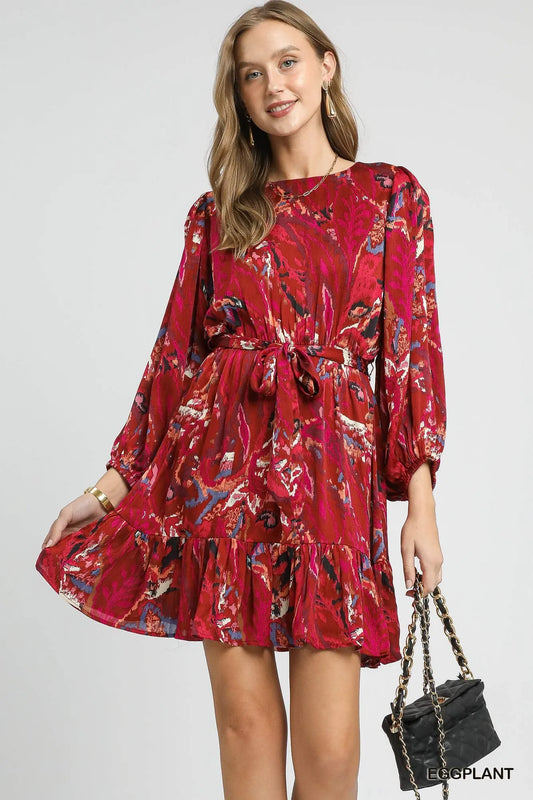 Ruffled Hem Printed Balloon Sleeve Dress in Eggplant - product view 1