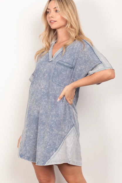 Short Sleeve V-Neck Tee Dress in Denim - product view 3