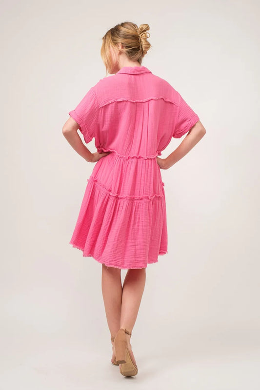 Full Size Raw Edge Washed Tiered Shirt Dress in Pink - product view 2
