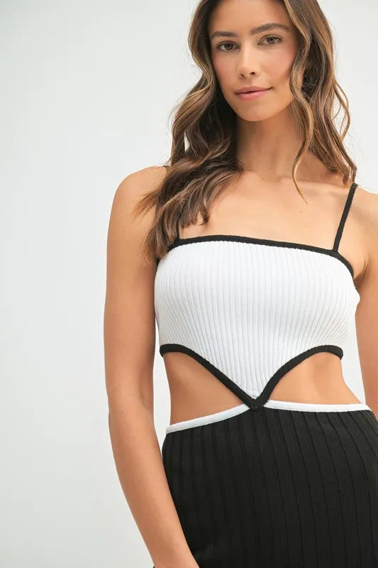 Ribbed Knit Color Block Cutout Midi Dress - Black - product view 9