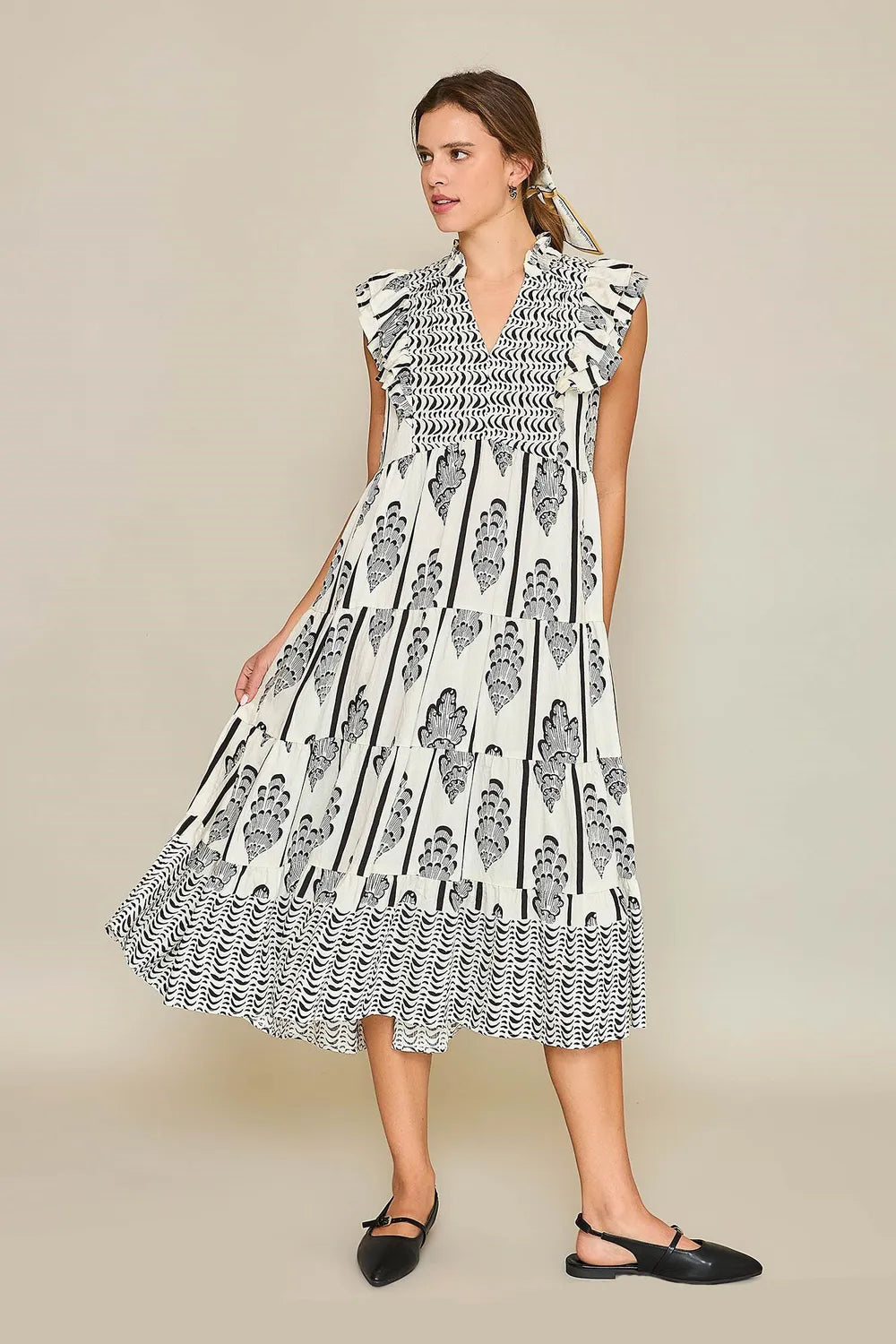 Full Size Boarder Print Midi Dress Plus Size in Cream/Black - product view 1