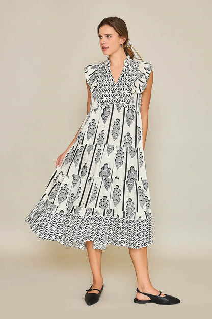 Full Size Boarder Print Midi Dress Plus Size in Cream/Black - product view 1