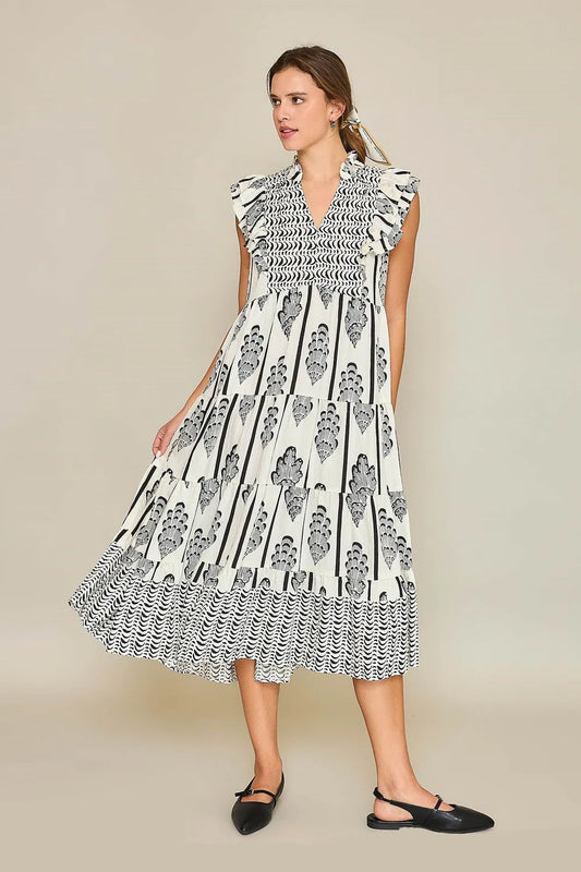 Full Size Boarder Print Midi Dress Plus Size in Cream/Black - product view 1