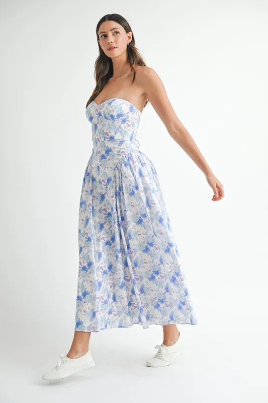 Sweetheart Neckline Floral Printed Midi Dress in Blue - product view 3