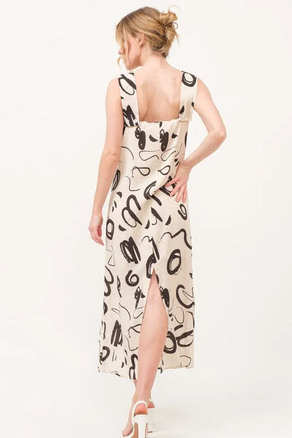 Square Neck Abstract Printed Maxi Dress in Beige - product view 2