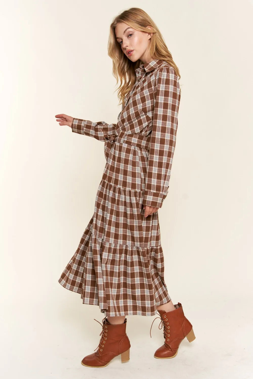 Plaid Tiered Midi Shirt Dress in Brown - product view 3