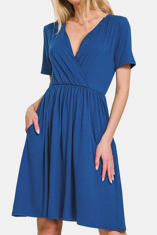 Surplice Short Sleeve Brushed DTY Dress - Navy - product view 2
