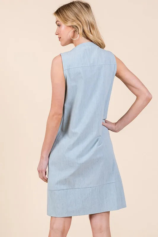 Denim Pintuck Detail Sleeveless Midi Dress in Lt Denim - product view 12