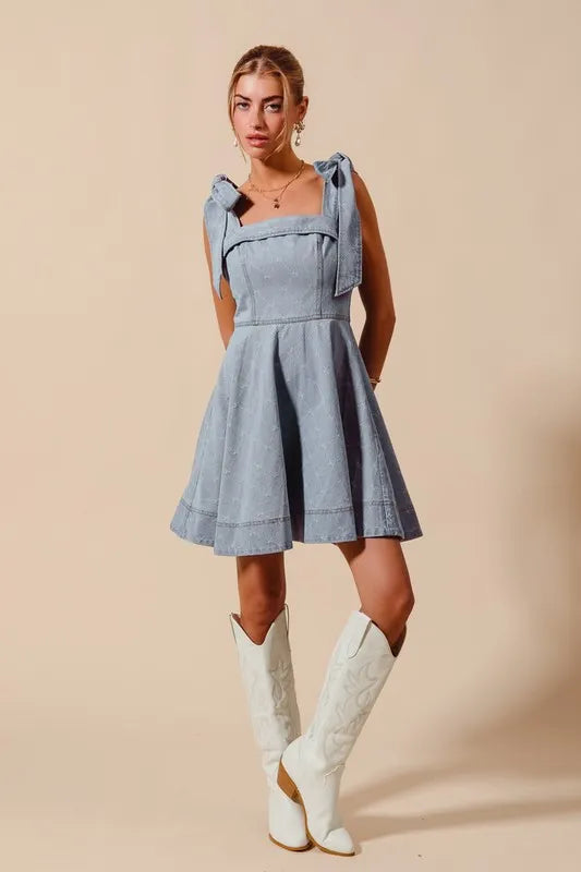 A Line Fit and Flare Diamond Bow Ribbon Denim Dres in Lt Denim - product view 8