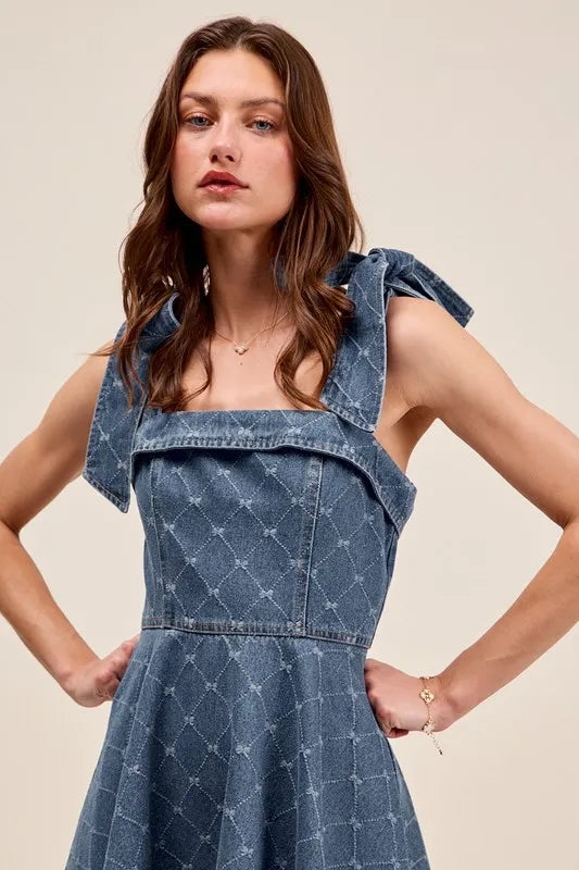 A-Line Fit and Flare Diamond Bow Ribbon Denim Dress - product view 6