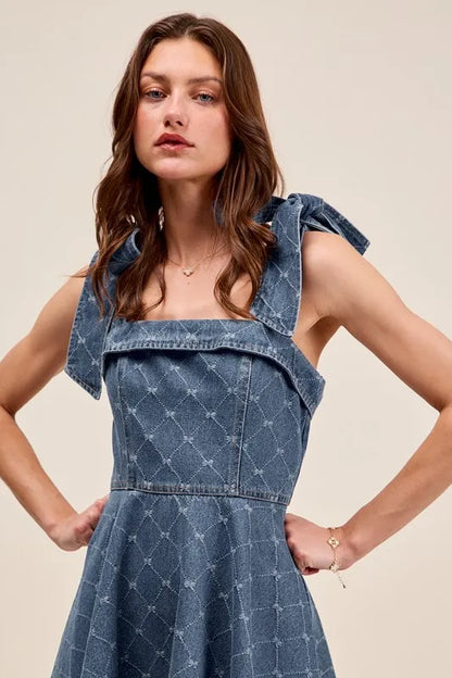 A-Line Fit and Flare Diamond Bow Ribbon Denim Dress - product view 6