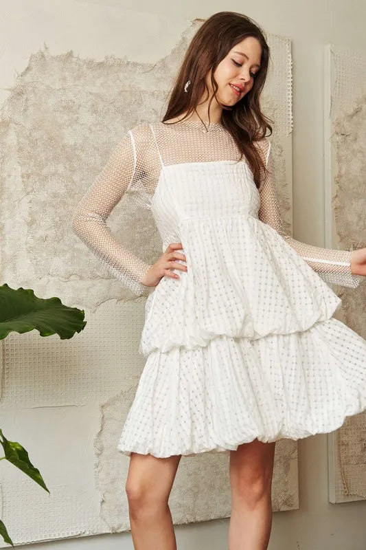 Checker Print Side Pockets Textured Mini Dress in White - product view 3