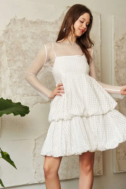 Checker Print Side Pockets Textured Mini Dress in White - product view 3