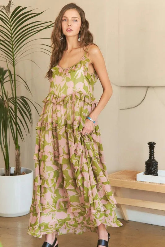 Ruffled Tiered Scoop Neck Cami Dress in Mauve Sage Combo - product view 3