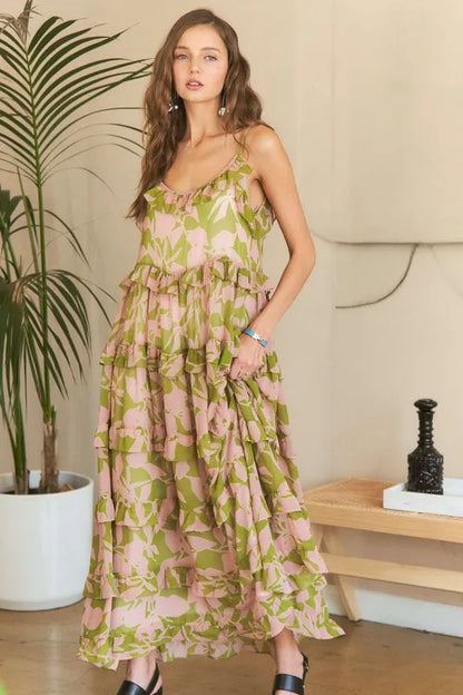 Ruffled Tiered Scoop Neck Cami Dress in Mauve Sage Combo - product view 3