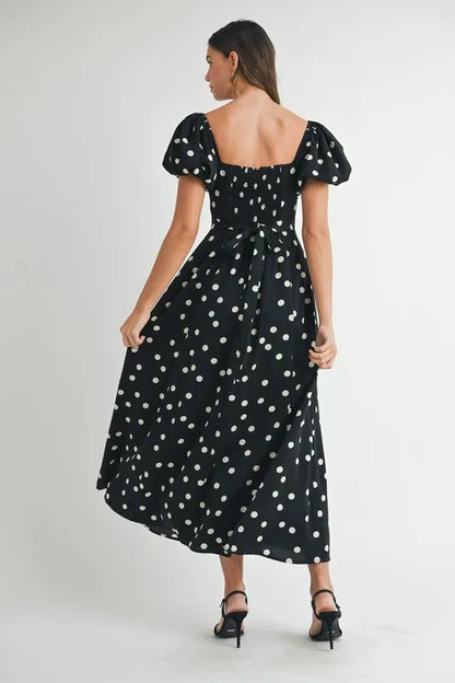 Polka Dot Puff Sleeve Midi Dress - Black - product view 8