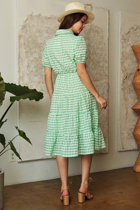 Checkered Puff Sleeve Tiered Shirt Dress in Green - product view 10