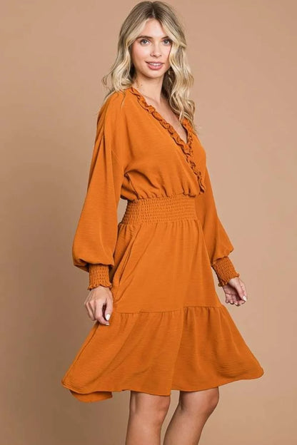 Full Size Frill Smocked Lantern Sleeve Mini Dress in Ginger - product view 4