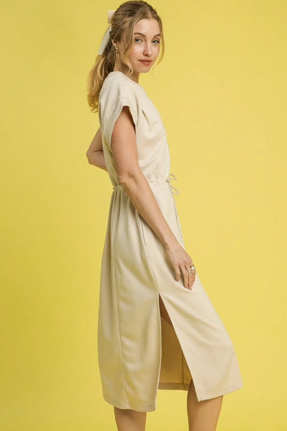 Side Slit Short Sleeve Midi Tee Dress - Ecru - product view 3