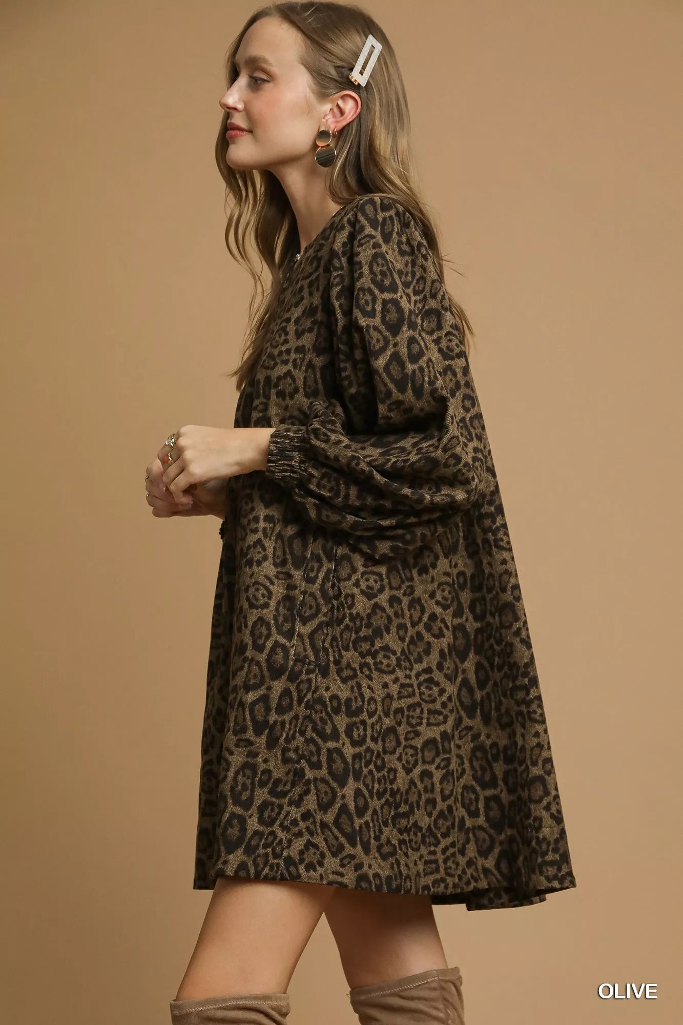 Leopard Print Long Sleeve Swing Dress in Olive - product view 3
