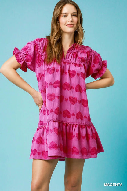 Heart Pattern Short Sleeve Ruffle Babydoll Dress - Magenta - product view 1