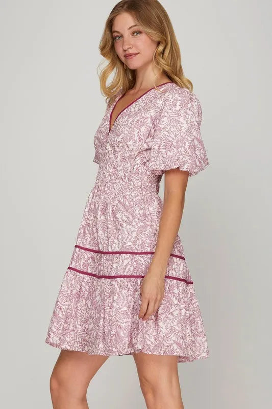 Full Size Printed V-Neck Puff Sleeve Tiered Dress Plus Size - Berry - product view 2
