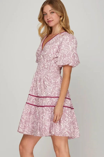 Full Size Printed V-Neck Puff Sleeve Tiered Dress Plus Size - Berry - product view 2