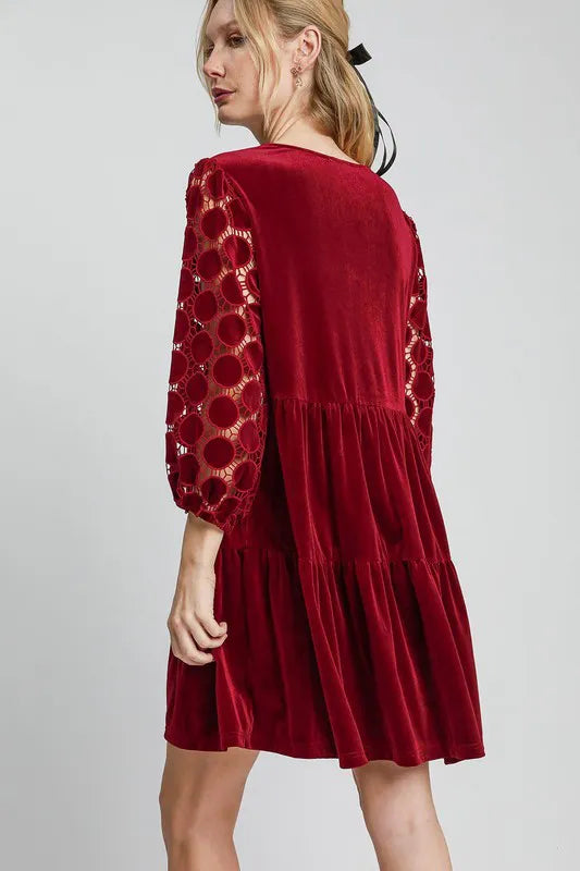 Dotted Lace Sleeve Tiered Velvet Mini Dress - Burgundy - product view 2
